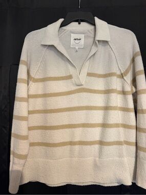 Aerie Cream and Tan Striped V-Neck Collared Sweater